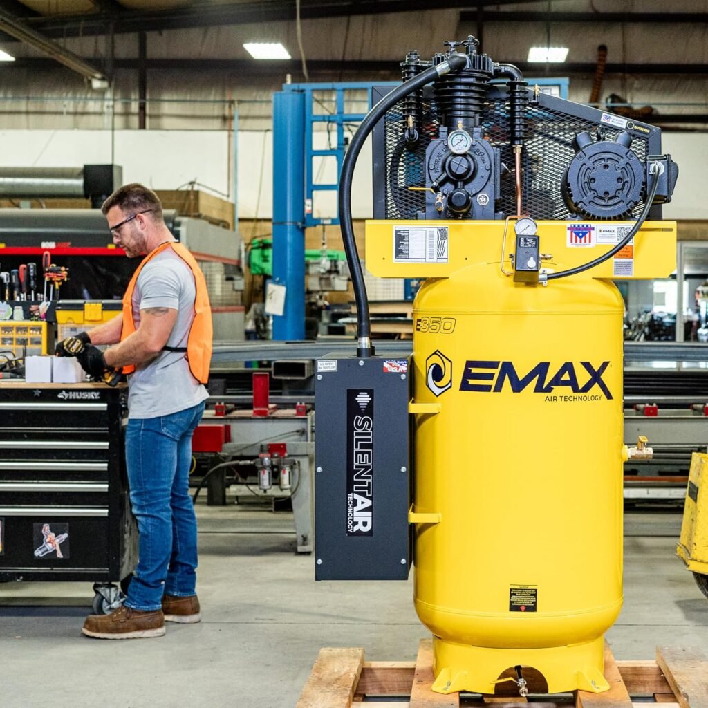 EMAX E350 Stationary Air Compressor - 5HP Gal Stage Silent Air System with Pressure Lubricated Pump  Quiet Design - ES05V080I1